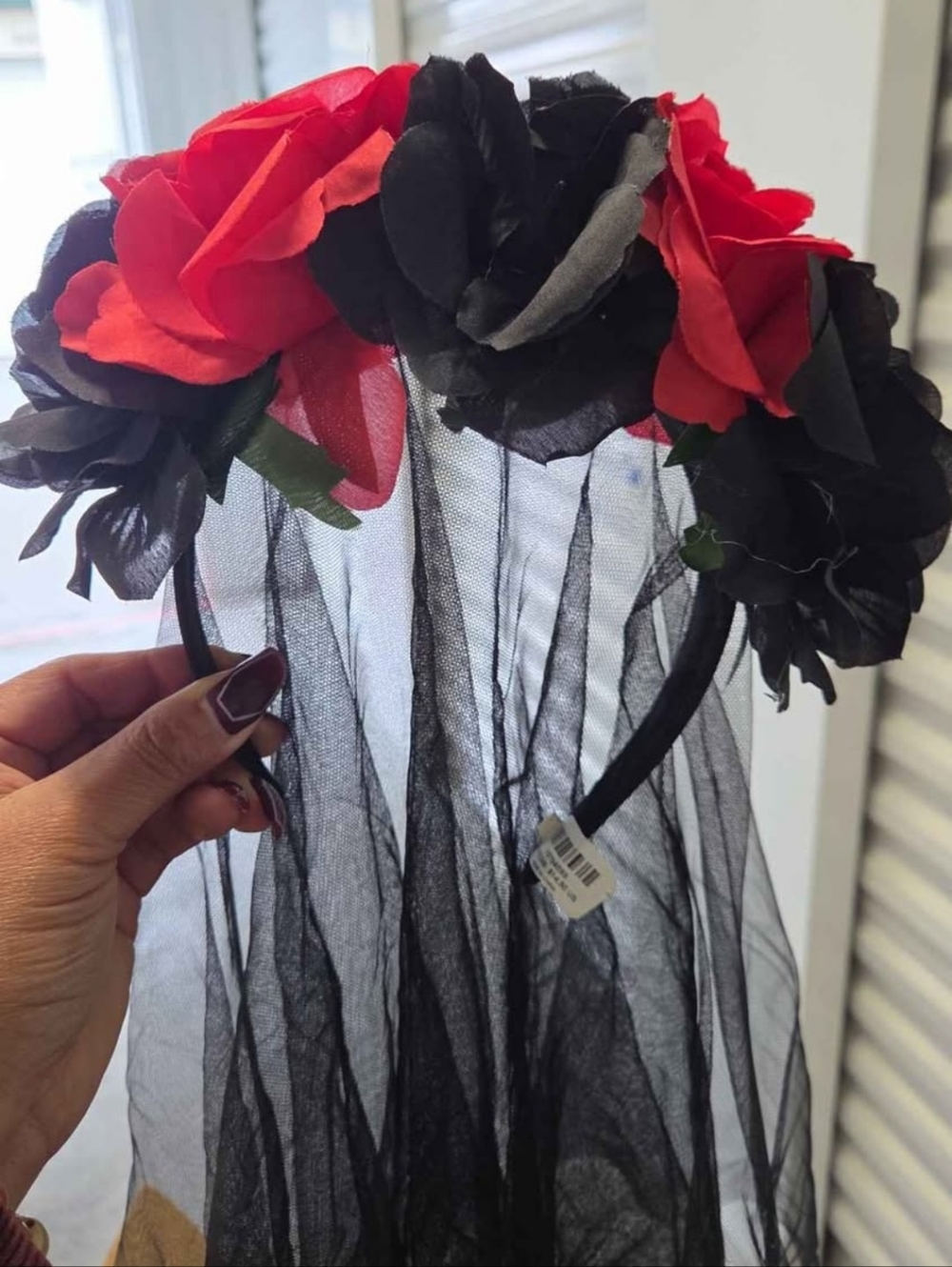 Red and Black Floral Veil Headband